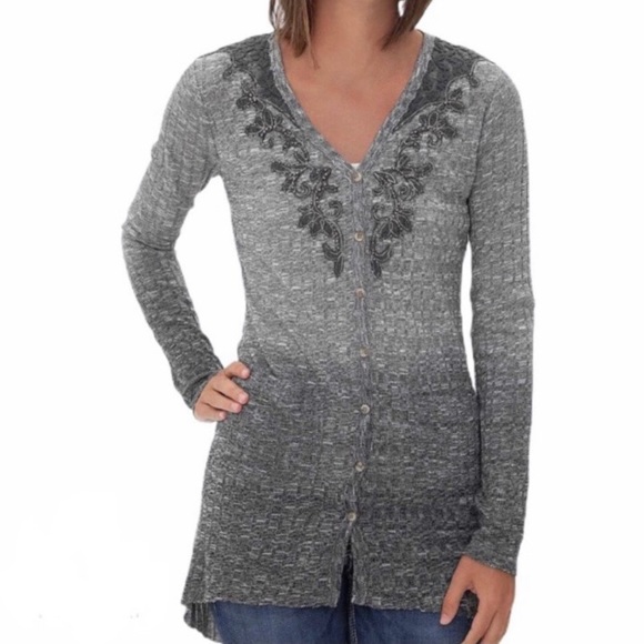 Miss Me Sweaters - Miss Me Long Cardigan Sweater Lace Beaded Ombre L